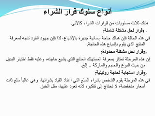 ‫كاآلتي‬ ‫الشراء‬ ‫قرارات‬ ‫من‬ ‫مستويات‬ ‫ثالث‬ ‫هناك‬:
1 -‫شاملة‬ ‫مشكلة‬ ‫لحل‬ ‫قرار‬:
‫تتجه‬ ‫الفرد‬ ‫جهود‬ ‫فإن‬ ‫لذا‬ ،‫باإلشباع‬ ‫جديرة‬ ‫إنسانية‬ ‫حاجة‬ ‫هناك‬ ‫فإن‬ ‫الحالة‬ ‫هذه‬ ‫في‬‫لمعرفة‬
‫الحاجة‬ ‫هذه‬ ‫بإشباع‬ ‫يقوم‬ ‫الذي‬ ‫المنتج‬.
2-‫محدودة‬ ‫مشكلة‬ ‫لحل‬ ‫قرار‬:
‫ا‬ ‫فقط‬ ‫وعليه‬ ،‫حاجته‬ ‫يشبع‬ ‫الذي‬ ‫المنتج‬ ‫المستهلك‬ ‫بمعرفة‬ ‫تمتاز‬ ‫المرحلة‬ ‫هذه‬ ‫إن‬‫البديل‬ ‫ختيار‬
‫والماركة‬ ‫والحجم‬ ‫النوع‬ ‫حيث‬ ‫من‬..‫إلخ‬.
3-‫روتينية‬ ‫لحاجة‬ ‫استجابة‬ ‫قرار‬:
‫غال‬ ‫وهي‬ ،‫بشرائها‬ ‫القياد‬ ‫اعتاد‬ ‫التي‬ ‫السلع‬ ‫بشراء‬ ‫الشخص‬ ‫يقوم‬ ‫المرحلة‬ ‫هذه‬ ‫في‬‫ذات‬ ‫سلع‬ ً‫ا‬‫ب‬
‫الخبز‬ ‫مثل‬ ،‫عليها‬ ‫تعود‬ ‫ألنه‬ ،‫تفكير‬ ‫إلى‬ ‫تحتاج‬ ‫ال‬ ،‫منخفضة‬ ‫أسعار‬.
‫الشراء‬ ‫قرار‬ ‫سلوك‬ ‫أنواع‬
 