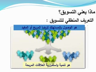 ‫التسويق؟‬ ‫يعني‬ ‫ماذا‬
‫ا‬‫للتسويق‬ ‫المنطقي‬ ‫لتعريف‬:
‫بالمستهلك‬ ‫الوصول‬ ‫هو‬‫المفيد‬ ‫أو‬ ‫المربح‬ ‫للرضا‬
‫المربحة‬ ‫العالقات‬ ‫ارية‬‫ر‬‫استم‬‫و‬ ‫تنمية‬ ‫هو‬
 