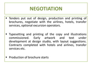NEGOTIATION
 Tenders put out of design, production and printing of
brochures, negotiate with the airlines, hotels, transfer
services, optional excursion operators.
 Typesetting and printing of the copy and illustrations
commissioned. Early artwork and text under
development at design studio, with layout suggestions.
Contracts completed with hotels and airlines, transfer
services etc.
 Production of brochure starts
 