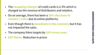 OBSERVATIONSANDGAPS
• The swapping charges of credit cards is 2-3% which is
charged on the revenue of distributors and retailers.
• On an average, there has been a 30% decrease in
retailer’s sales due to online platforms.
• Even though there is slowdown in the economy but it has
not impacted the sales.
• The company hikes targets by 20% every year.
• GST Rates- Reduction in prices
 