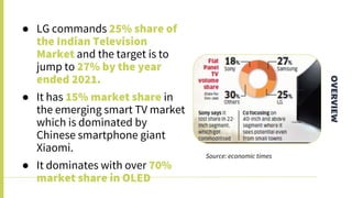 OVERVIEW
● LG commands 25% share of
the Indian Television
Market and the target is to
jump to 27% by the year
ended 2021.
● It has 15% market share in
the emerging smart TV market
which is dominated by
Chinese smartphone giant
Xiaomi.
● It dominates with over 70%
market share in OLED
Source: economic times
 