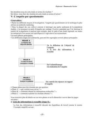 Professeur : Hammoucha Yassine
- 27 -
Qu’attendons-nous de cette étude en termes de résultats ?
Qu’allons- nous faire des résultats de cette étude en termes d’action ?
V- L’enquête par questionnaire
Généralités:
• Parmi les différents moyens d’investigation, l’enquête par questionnaire est la technique la plus
utilisée en recherche marketing.
• Dans la plupart des cas, celle-ci consiste à interroger une partie seulement de la population
étudiée, c’est pourquoi on parle d’enquête par sondage. Il arrive cependant que l’on interroge la
totalité de la population à analyser (par exemple, dans le cadre d’une étude régionale sur toutes
les entreprises d’un secteur très spécifiques) il s’agit alors d’un recensement.
Les trois phases principales:
• Les différentes étapes de la démarche, peuvent être regroupées en trois phases principales:
• Chaque phase peut être résumée par une question :
o Phase A : « que voulons nous savoir ? »
o Phase B : « comment obtenir les informations recherchée ? »
o Phase C : « comment exploiter les résultats obtenus ? »
Vous trouverez plus de détails sur ces trois phases et sur la démarche à suivre dans les pages
suivantes :
a- Liste des informations à recueillir (étape 5) :
La liste des informations à recueillir découle des hypothèses de travail comme le montre
l’exemple simplifié suivant :
 