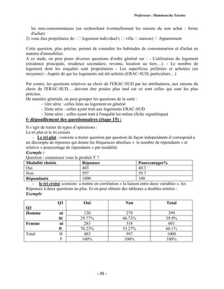 Professeur : Hammoucha Yassine
- 31 -
les non-consommateurs (en recherchant éventuellement les raisons du non achat : freins
d'achat)
2) vous êtes propriétaire de : logement individuel ( villa maison) Appartement
Cette question, plus précise, permet de connaître les habitudes de consommation et d'achat en
matière d'immobilier.
A ce stade, on peut poser diverses questions d'ordre général sur : - L'utilisation du logement
(résidence principale, résidence secondaire, revente, location au tiers…). - Le nombre de
logement dont les enquêtés sont propriétaires - Les superficies préférées et achetées (en
moyenne) - Auprès de qui les logements ont été achetés (ERAC-SUD, particuliers…)
Par contre, les questions relatives au choix de l'ERAC-SUD par les attributaires, aux raisons du
choix de l'ERAC-SUD…..doivent être posées plus tard car ce sont celles qui sont les plus
précises.
De manière générale, on peut grouper les questions de la sorte :
- 1ère série : celles liées au logement en général
- 2ème série : celles ayant trait aux logements ERAC-SUD
- 3ème série : celles ayant trait à l'enquêté lui-même (fiche signalétique)
f- dépouillement des questionnaires (étape 15) :
Il s’agit de traiter de types d’opérations :
Le tri plat et le tri croisés
- Le tri plat : consiste a traiter question par question de façon independante.il correspond a
un décompte de réponses qui donne les fréquences absolues « le nombre de répondants » et
relative « pourcentage de répondants » par modalité.
Exemple :
Question : connaissez vous le produit Y ?
Modalité choisis Réponses Pourcentages%
Oui 403 40.3
Non 597 59.7
Répondants 1000 100
- le tri croisé :consiste a mettre en corrélation « la liaison entre deux variables ». les
Réponses à deux questions au plus. Et on peut obtenir des tableaux a doubles entrées :
Exemple
Q1
Q2
Oui Non Total
Homme ni
hi
120 279 399
29.77% 46.73% 39.9%
Femme ni
fi
283 318 601
70.23% 53.27% 60.1%
Total H
F
403 597 1000
100% 100% 100%
 
