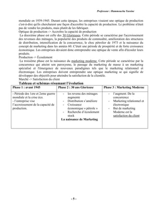 Professeur : Hammoucha Yassine
- 5 -
mondiale en 1939-1945. Durant cette époque, les entreprises visaient une optique de production
c'est-à-dire qu'ils cherchaient une façon d'accroître la capacité de production. Le problème n'était
pas de vendre les produits, mais plutôt de les fabriquer.
Optique de production -> Accroître la capacité de production
La deuxième phase est celle des 30 Glorieuses. Cette période se caractérise par l'accroissement
des revenues des ménages, la popularité des produits de commodité, amélioration des structures
de distribution, intensification de la concurrence, le choc pétrolier de 1973 et la naissance du
concept de marketing dans les années 60. C'était une période de prospérité et de forte croissance
économique. Les entreprises devaient donc entreprendre une optique de vente afin d'écouler leurs
produits.
Production -> Écoulement
La troisième phase est la naissance du marketing moderne. Cette période se caractérise par la
concurrence qui atteint son paroxysme, le passage du marketing de masse à un marketing
spécialisé et l'émergence de nouveaux paradigmes tels que le marketing relationnel et
électronique. Les entreprises doivent entreprendre une optique marketing se qui signifie de
développer des objectifs pour atteindre la satisfaction de la clientèle.
Marché -> Satisfaction du client
Tableau et schémas résumant l’évolution
Phase 1 : avant 1945 Phase 2 : 30 ans Glorieuse Phase 3 : Marketing Moderne
- Période des 1ere et 2eme guerre
mondiale et la crise éco.
- l’entreprise vise
l’accroissement de la capacité de
production.
- les revenu des ménages
augmente
- Distribution s’améliore
- Croissance
économique « pétrole »
- Recherche d’écoulement
stock
La naissance de Marketing
- l’augment. De la
concurrence
- Marketing relationnel et
électronique
- But de marketing
Moderne est la
satisfaction du client
 