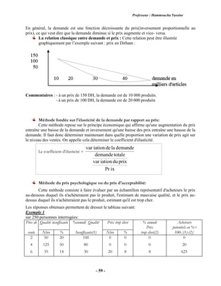 Professeur : Hammoucha Yassine
- 59 -
En général, la demande est une fonction décroissante du prix(inversement proportionnelle au
prix), ce qui veut dire que la demande diminue si le prix augmente et vice- versa.
La relation classique entre demande et prix : Cette relation peut être illustrée
graphiquement par l’exemple suivant : prix en Dirham :
Commentaires : - à un prix de 150 DH, la demande est de 10 000 produits.
- à un prix de 100 DH, la demande est de 20 000 produits
Méthode fondée sur l'élasticité de la demande par rapport au prix:
Cette méthode repose sur le principe économique qui affirme qu'une augmentation du prix
entraîne une baisse de la demande et inversement qu'une baisse des prix entraîne une hausse de la
demande. Il faut donc déterminer maintenant dans quelle proportion une variation de prix agit sur
le niveau des ventes. On appelle cela déterminer le coefficient d'élasticité.
Le coefficient d'élasticité =
var
var
Pr
iation dela demande
demandetotale
iation du prix
ix
Méthode du prix psychologique ou du prix d'acceptabilité:
Cette méthode consiste à faire évaluer par un échantillon représentatif d'acheteurs le prix
au-dessous duquel ils n'achèteraient pas le produit, l'estimant de mauvaise qualité, et le prix au-
dessus duquel ils n'achèteraient pas le produit, estimant qu'il est trop cher.
Les réponses obtenues permettent de dresser le tableau suivant:
Exemple 1
sur 250 personnes interrogées:
Prix de Qualité insuffisante %cumulé Qualité Prix trop élevé % cumulé
Prix
Acheteurs
potentiels en %=
vente Nbre % Insuffisante(1) Nbre % trop élevé(2) 100-[(1)-(2)]
2
4
6
50
125
35
20
50
14
100
80
30
0
0
20
0
0
8
0
0
8
0
20
625
 