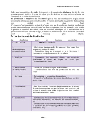 Professeur : Hammoucha Yassine
- 64 -
Grâce aux intermédiaires, les coûts de transport et de manutention diminuent du fait des plus
grandes quantités traitées. Il en est de même pour les frais de stockage qui sont répartis sur
l’ensemble de la chaîne de distribution.
Le producteur se rapproche de son marché par le biais des intermédiaires. Il peut mieux
connaître les attentes des consommateurs et les évolutions ponctuelles ou générales du marché de
son produit au stade final.
L’existence d’un intermédiaire se justifie d’autant plus que le produit est banalisé (produits de
grande consommation par exemple) et qu’une forte compétence n’est pas nécessaire pour vendre
le produit en question. Par contre, dans les domaines techniques où la spécialisation et le
professionnalisme sont souvent la règle, l’absence d’intermédiaires ou du moins un circuit très
court sont beaucoup plus adaptés.
2- Les fonctions de la distribution
La distribution assure six fonctions essentielles :
 