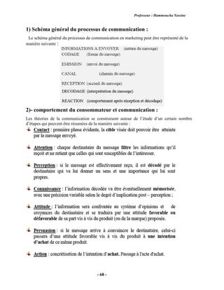 Professeur : Hammoucha Yassine
- 68 -
1) Schéma général du processus de communication :
Le schéma général du processus de communication en marketing peut être représenté de la
manière suivante :
2)- comportement du consommateur et communication :
Les théories de la communication se construisent autour de l’étude d’un certain nombre
d’étapes qui peuvent être résumées de la manière suivante :
 