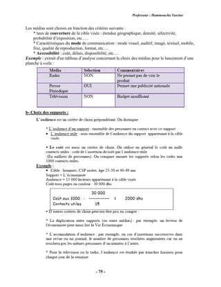 Professeur : Hammoucha Yassine
- 75 -
Les médias sont choisis en fonction des critères suivants :
* taux de couverture de la cible visée : étendue géographique, densité, sélectivité,
probabilité d’exposition, etc.….
* Caractéristiques du mode de communication : mode visuel, auditif, imagé, textuel, mobile,
fixe, qualité de reproduction, format, etc.…
* Accessibilité : coût, délais, disponibilité, etc.…
Exemple : extrait d'un tableau d’analyse concernant le choix des médias pour le lancement d’une
planche à voile :
b- Choix des supports :
 