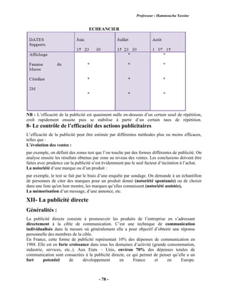 Professeur : Hammoucha Yassine
- 78 -
ECHEANCIER
NB : L’efficacité de la publicité est quasiment nulle en-dessous d’un certain seuil de répétition,
croît rapidement ensuite puis se stabilise à partir d’un certain taux de répétition.
8- Le contrôle de l’efficacité des actions publicitaires
L’efficacité de la publicité peut être estimée par différentes méthodes plus ou moins efficaces,
telles que :
L’évolution des ventes :
par exemple, on définit des zones test que l’on touche par des formes différentes de publicité. On
analyse ensuite les résultats obtenus par zone au niveau des ventes. Les conclusions doivent être
faites avec prudence car la publicité n’est évidemment pas le seul facteur d’incitation à l’achat.
La notoriété d’une marque ou d’un produit :
par exemple, le test se fait par le biais d’une enquête par sondage. On demande à un échantillon
de personnes de citer des marques pour un produit donné (notoriété spontanée) ou de choisir
dans une liste qu'on leur montre, les marques qu’elles connaissent (notoriété assistée),
La mémorisation d’un message, d’une annonce, etc.
XII- La publicité directe
Généralités :
La publicité directe consiste à promouvoir les produits de l’entreprise en s’adressant
directement à la cible de communication. C’est une technique de communication
individualisée dans la mesure où généralement elle a pour objectif d’obtenir une réponse
personnelle des membres de la cible.
En France, cette forme de publicité représentait 10% des dépenses de communication en
1988. Elle est en forte croissance dans tous les domaines d’activité (grande consommation,
industrie, services, etc..). Aux Etats – Unis, environ 70% des dépenses totales de
communication sont consacrées à la publicité directe, ce qui permet de penser qu’elle a un
fort potentiel de développement en France et en Europe.
 
