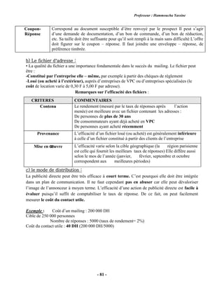 Professeur : Hammoucha Yassine
- 81 -
Coupon-
Réponse
Correspond au document susceptible d’être renvoyé par le prospect Il peut s’agir
d’une demande de documentation, d’un bon de commande, d’un bon de réduction,
etc. Sa taille doit être suffisante pour qu’il soit rempli à la main sans difficulté L’offre
doit figurer sur le coupon – réponse. Il faut joindre une enveloppe – réponse, de
préférence timbrée.
b) Le fichier d’adresse :
• La qualité du fichier a une importance fondamentale dans le succès du mailing. Le fichier peut
être :
-Constitué par l’entreprise elle – même, par exemple à partir des chèques de règlement
-Loué (ou acheté à l’extérieur), auprès d’entreprises de VPC ou d’entreprises spécialisées (le
coût de location varie de 0,30 F à 5,00 F par adresse).
Remarques sur l’efficacité des fichiers :
CRITERES COMMENTAIRES
Contenu Le rendement (mesuré par le taux de réponses après l’action
menée) est meilleure avec un fichier contenant les adresses :
De personnes de plus de 30 ans
De consommateurs ayant déjà acheté en VPC
De personnes ayant acheté récemment
Provenance L’efficacité d’un fichier loué (ou acheté) est généralement inférieure
à celle d’un fichier constitué à partir des clients de l’entreprise
Mise en œuvre L’efficacité varie selon la cible géographique (la région parisienne
est celle qui fournit les meilleurs taux de réponses) Elle diffère aussi
selon le mos de l’année (janvier, février, septembre et octobre
correspondent aux meilleures périodes)
c) le mode de distribution :
La publicité directe peut être très efficace à court terme. C’est pourquoi elle doit être intégrée
dans un plan de communication. Il ne faut cependant pas en abuser car elle peut dévaloriser
l’image de l’annonceur à moyen terme. L’efficacité d’une action de publicité directe est facile à
évaluer puisqu’il suffit de comptabiliser le taux de réponse. De ce fait, on peut facilement
mesurer le coût du contact utile.
Exemple : Coût d’un mailing : 200 000 DH
Cible de 250 000 personnes
Nombre de réponses : 5000 (taux de rendement= 2%)
Coût du contact utile : 40 DH (200 000 DH/5000)
 