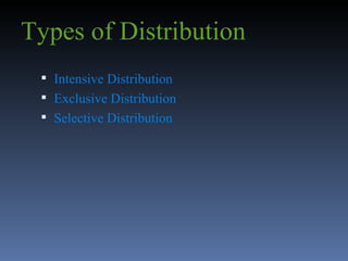 Types of Distribution Intensive Distribution Exclusive Distribution Selective Distribution 