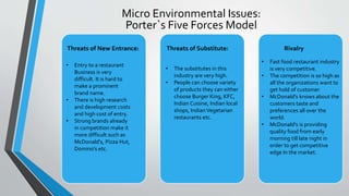 Micro Environmental Issues:
Porter`s Five Forces Model
Threats of Substitute:
• The substitutes in this
industry are very high.
• People can choose variety
of products they can either
choose Burger King, KFC,
Indian Cuisine, Indian local
shops, Indian Vegetarian
restaurants etc.
• Entry to a restaurant
Business is very
difficult. It is hard to
make a prominent
brand name.
• There is high research
and development costs
and high cost of entry.
• Strong brands already
in competition make it
more difficult such as
McDonald's, Pizza Hut,
Domino’s etc.
Threats of New Entrance: Rivalry
• Fast food restaurant industry
is very competitive.
• The competition is so high as
all the organizations want to
get hold of customer
• McDonald's knows about the
customers taste and
preferences all over the
world.
• McDonald's is providing
quality food from early
morning till late night in
order to get competitive
edge In the market.
 