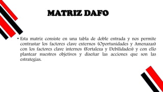 • Esta matriz consiste en una tabla de doble entrada y nos permite
contrastar los factores clave externos (Oportunidades y Amenazas)
con los factores clave internos (Fortaleza y Debilidades) y con ello
plantear nuestros objetivos y diseñar las acciones que son las
estrategias.
MATRIZ DAFO
 