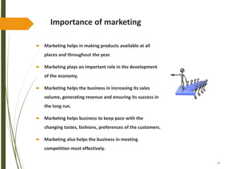 12
Importance of marketing
 Marketing helps in making products available at all
places and throughout the year.
 Marketing plays an important role in the development
of the economy.
 Marketing helps the business in increasing its sales
volume, generating revenue and ensuring its success in
the long run.
 Marketing helps business to keep pace with the
changing tastes, fashions, preferences of the customers.
 Marketing also helps the business in meeting
competition most effectively.
 
