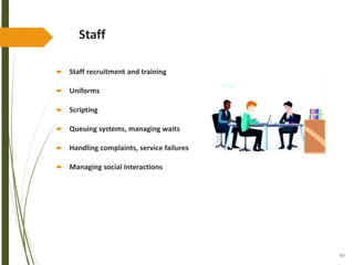 63
Staff
 Staff recruitment and training
 Uniforms
 Scripting
 Queuing systems, managing waits
 Handling complaints, service failures
 Managing social interactions
 