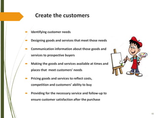 65
Create the customers
 Identifying customer needs
 Designing goods and services that meet those needs
 Communication information about those goods and
services to prospective buyers
 Making the goods and services available at times and
places that meet customers’ needs
 Pricing goods and services to reflect costs,
competition and customers’ ability to buy
 Providing for the necessary service and follow-up to
ensure customer satisfaction after the purchase
 
