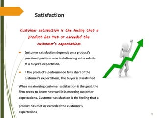 70
Satisfaction
Customer satisfaction is the feeling that a
product has met or exceeded the
customer’s expectations
 Customer satisfaction depends on a product’s
perceived performance in delivering value relative
to a buyer’s expectation.
 If the product’s performance falls short of the
customer’s expectations, the buyer is dissatisfied.
When maximizing customer satisfaction is the goal, the
firm needs to know how well it is meeting customer
expectations. Customer satisfaction is the feeling that a
product has met or exceeded the customer’s
expectations
 