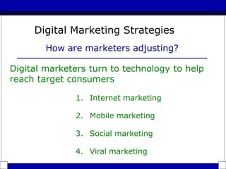 How are marketers adjusting?
Digital marketers turn to technology to help
reach target consumers
1. Internet marketing
2. Mobile marketing
3. Social marketing
4. Viral marketing
Digital Marketing Strategies
 