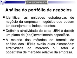 Análise do portfólio de negócios Identificar as unidades estratégicas de negócio da empresa - negócios que podem ter planejamento independentes. Definir a atratividade de cada UEN e decidir um plano de (des)investimento específico. A maioria dos métodos de formais de análise das UEN’s avalia duas dimensões: atratividade do mercado ou setor e poder/fatia de mercado relativo da empresa.  