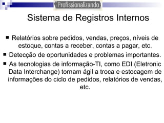 Sistema de Registros Internos Relatórios sobre pedidos, vendas, preços, níveis de estoque, contas a receber, contas a pagar, etc. Detecção de oportunidades e problemas importantes. As tecnologias de informação-TI, como EDI (Eletronic Data Interchange) tornam ágil a troca e estocagem de informações do ciclo de pedidos, relatórios de vendas, etc. 