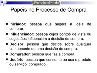 Papéis no Processo de Compra Iniciador : pessoa que sugere a idéia de comprar. Influenciador : pessoa cujos pontos de vista ou sugestões influenciam a decisão de compra. Decisor : pessoa que decide sobre qualquer componente de uma decisão de compra. Comprador : pessoa que faz a compra. Usuário : pessoa que consome ou usa o produto ou serviço  comprado. 
