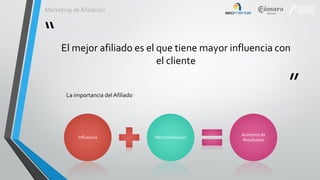 Marketing de Afiliación

“ El mejor afiliado es el que tiene mayor influencia con
el cliente

”

La importancia del Afiliado

Influencia

Recomendación

Aumento de
Resultados

 