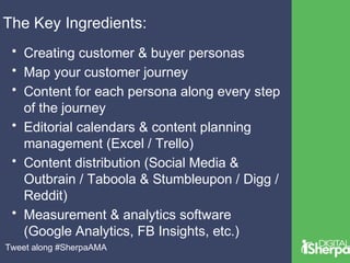 The Key Ingredients: 
• Creating customer & buyer personas 
• Map your customer journey 
• Content for each persona along every step 
of the journey 
• Editorial calendars & content planning 
management (Excel / Trello) 
• Content distribution (Social Media & 
Outbrain / Taboola & Stumbleupon / Digg / 
Reddit) 
• Measurement & analytics software 
(Google Analytics, FB Insights, etc.) 
Tweet along #SherpaAMA 
 