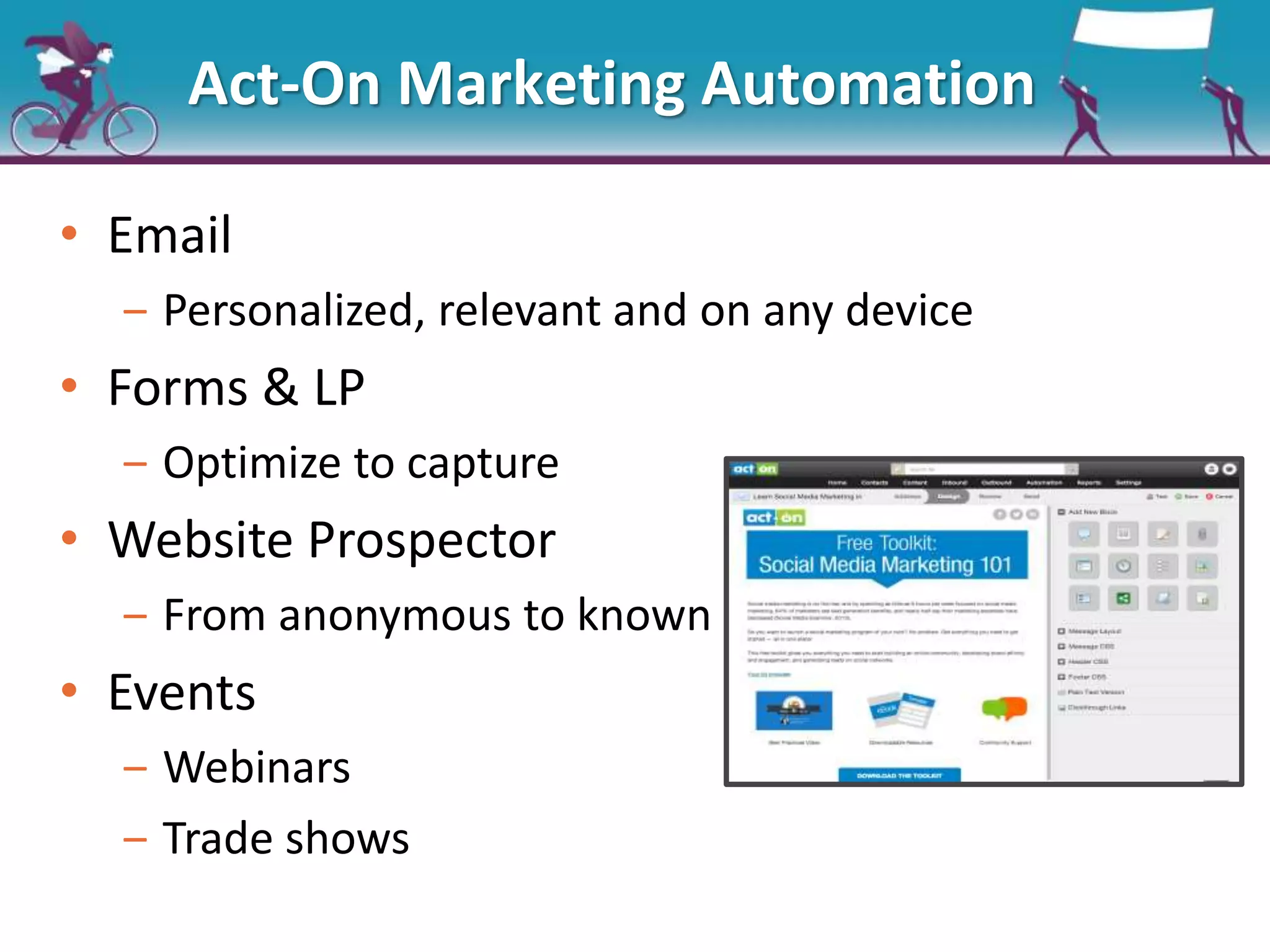 How?
Act-On Marketing Automation
• Email
‒ Personalized, relevant and on any device
• Forms & LP
‒ Optimize to capture
• Website Prospector
‒ From anonymous to known
• Events
‒ Webinars
‒ Trade shows
 