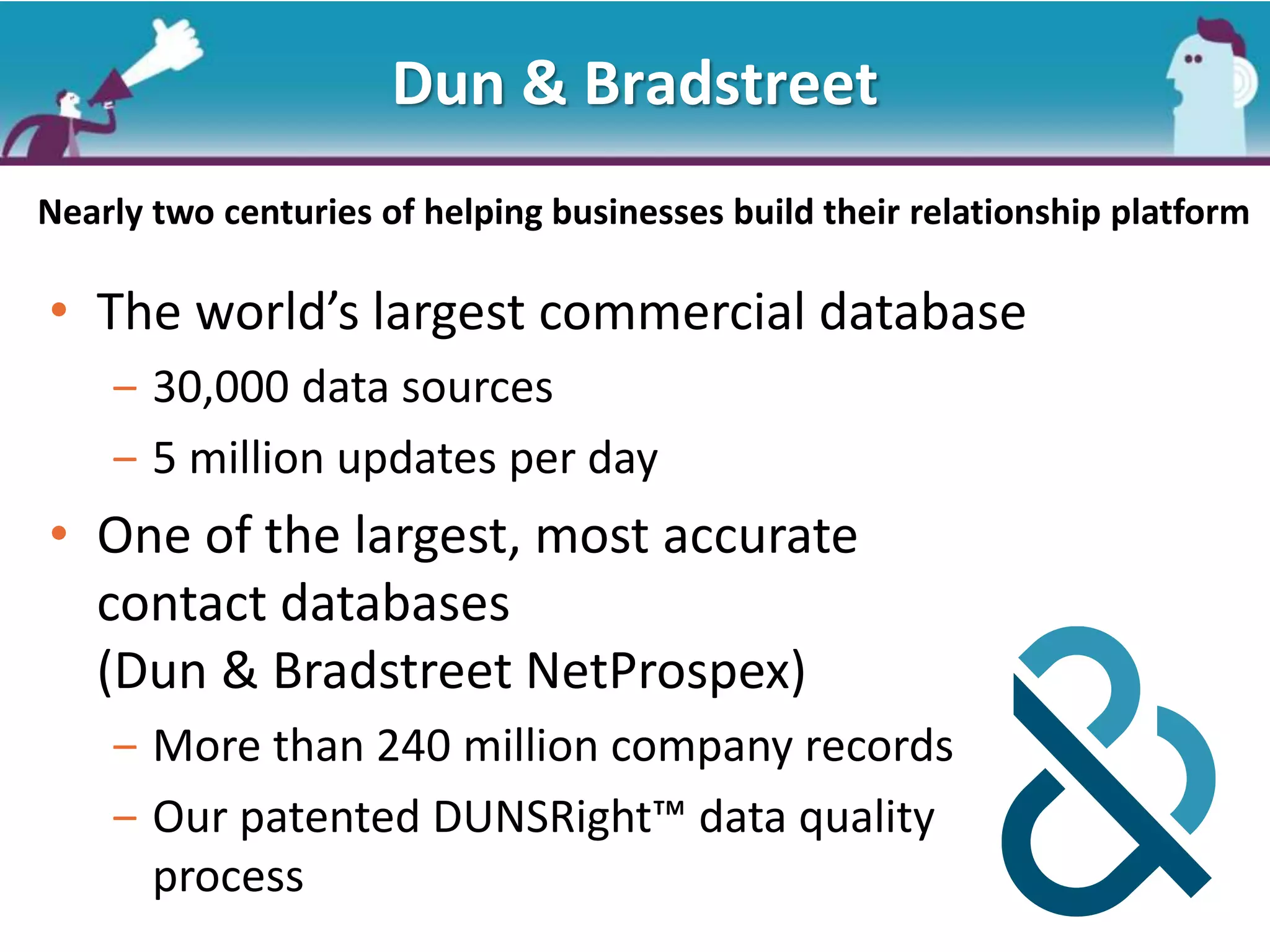 Nearly two centuries of helping businesses build their relationship platform
• The world’s largest commercial database
‒ 30,000 data sources
‒ 5 million updates per day
• One of the largest, most accurate
contact databases
(Dun & Bradstreet NetProspex)
‒ More than 240 million company records
‒ Our patented DUNSRight™ data quality
process
Dun & Bradstreet
 