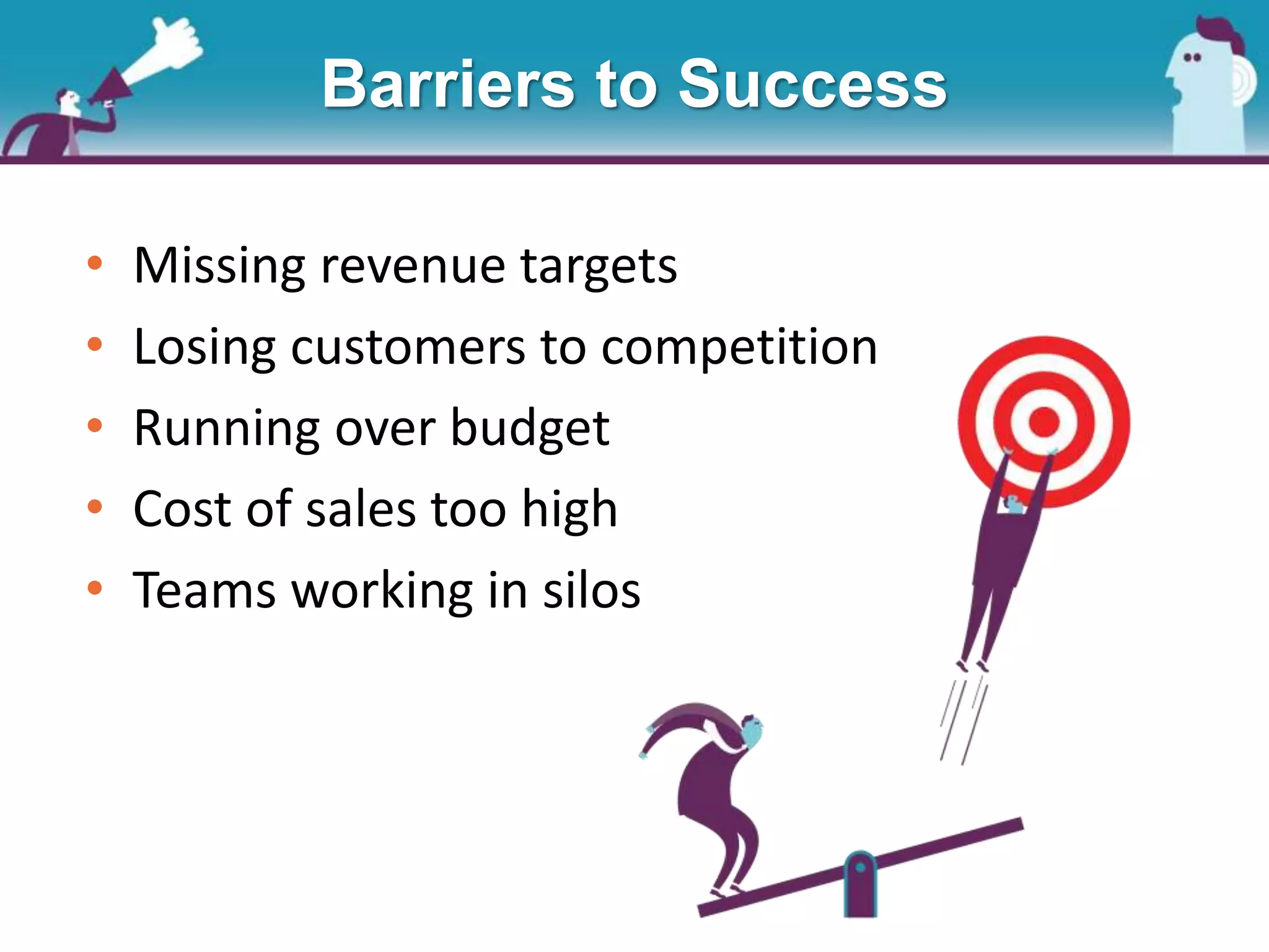 • Missing revenue targets
• Losing customers to competition
• Running over budget
• Cost of sales too high
• Teams working in silos
Barriers to Success
 