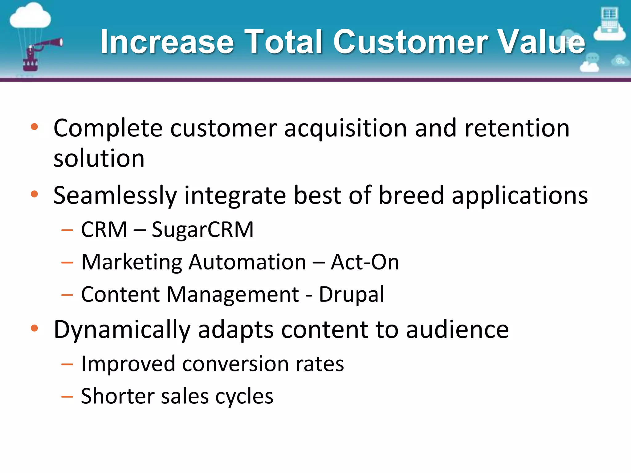 Increase Total Customer Value
• Complete customer acquisition and retention
solution
• Seamlessly integrate best of breed applications
‒ CRM – SugarCRM
‒ Marketing Automation – Act-On
‒ Content Management - Drupal
• Dynamically adapts content to audience
‒ Improved conversion rates
‒ Shorter sales cycles
 