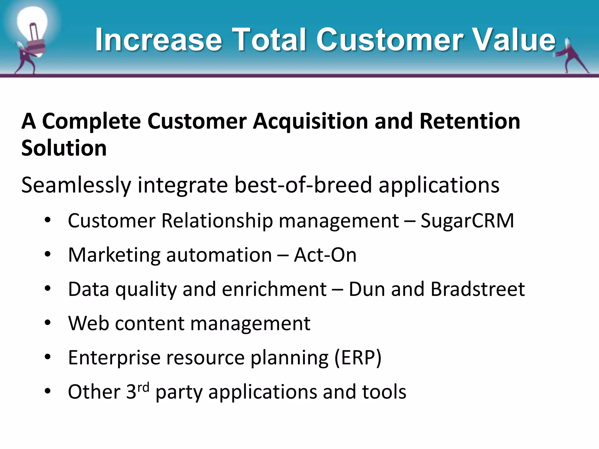 A Complete Customer Acquisition and Retention
Solution
Seamlessly integrate best-of-breed applications
• Customer Relationship management – SugarCRM
• Marketing automation – Act-On
• Data quality and enrichment – Dun and Bradstreet
• Web content management
• Enterprise resource planning (ERP)
• Other 3rd party applications and tools
Increase Total Customer Value
 