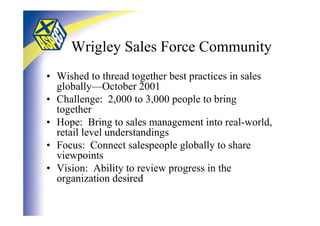 Wrigley Sales Force Community
• Wished to thread together best practices in sales
  globally—October 2001
• Challenge: 2,000 to 3,000 people to bring
  together
• Hope: Bring to sales management into real-world,
  retail level understandings
• Focus: Connect salespeople globally to share
  viewpoints
• Vision: Ability to review progress in the
  organization desired
 