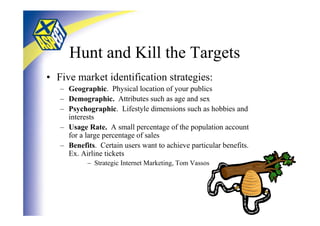 Hunt and Kill the Targets
• Five market identification strategies:
   – Geographic. Physical location of your publics
   – Demographic. Attributes such as age and sex
   – Psychographic. Lifestyle dimensions such as hobbies and
     interests
   – Usage Rate. A small percentage of the population account
     for a large percentage of sales
   – Benefits. Certain users want to achieve particular benefits.
     Ex. Airline tickets
           – Strategic Internet Marketing, Tom Vassos
 