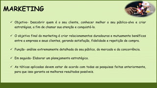 MARKETING
 Objetivo- Descobrir quem é o seu cliente, conhecer melhor o seu público-alvo e criar
estratégias, a fim de chamar sua atenção e conquistá-lo.
 O objetivo final do marketing é criar relacionamentos duradouros e mutuamente benéficos
entre a empresa e seus clientes, gerando satisfação, fidelidade e repetição de compra.
 Função- análise extremamente detalhada do seu público, do mercado e da concorrência.
 Em seguida- Elaborar um planejamento estratégico.
 As táticas aplicadas devem estar de acordo com todas as pesquisas feitas anteriormente,
para que isso garanta os melhores resultados possíveis.
 