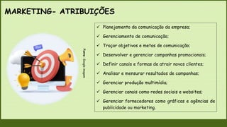 MARKETING- ATRIBUIÇÕES
Fonte:
Google
imagem
 Planejamento da comunicação da empresa;
 Gerenciamento de comunicação;
 Traçar objetivos e metas de comunicação;
 Desenvolver e gerenciar campanhas promocionais;
 Definir canais e formas de atrair novos clientes;
 Analisar e mensurar resultados de campanhas;
 Gerenciar produção multimídia;
 Gerenciar canais como redes sociais e websites;
 Gerenciar fornecedores como gráficas e agências de
publicidade ou marketing.
 