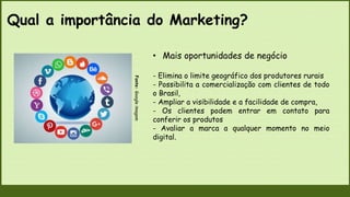 Qual a importância do Marketing?
Fonte:
Google
imagem
• Mais oportunidades de negócio
- Elimina o limite geográfico dos produtores rurais
- Possibilita a comercialização com clientes de todo
o Brasil,
- Ampliar a visibilidade e a facilidade de compra,
- Os clientes podem entrar em contato para
conferir os produtos
- Avaliar a marca a qualquer momento no meio
digital.
 