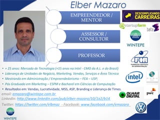 WINTEPE
Elber Mazaro
EMPREENDEDOR  /  
MENTOR	
ASSESSOR  /  
CONSULTOR	
PROFESSOR	
•  +	
  25	
  anos:	
  Mercado	
  de	
  Tecnologia	
  (+15	
  anos	
  na	
  Intel	
  -­‐	
  CMO	
  da	
  A.L.	
  e	
  do	
  Brasil)	
  
•  Liderança	
  de	
  Unidades	
  de	
  Negócio,	
  MarkeEng,	
  Vendas,	
  Serviços	
  e	
  Área	
  Técnica	
  
•  Mestrando	
  em	
  Administração	
  /	
  Empreendedorismo	
  –	
  FEA	
  –	
  USP;	
  	
  
•  Pós	
  Graduado	
  em	
  MarkeEng	
  –	
  ESPM	
  e	
  Bacharel	
  em	
  Ciências	
  de	
  Computação	
  
•  Resultados	
  em:	
  Vendas,	
  Lucra-vidade,	
  MSS,	
  ASP,	
  Branding	
  e	
  Liderança	
  de	
  Times.	
  
email:	
  emazaro@wintepe.com.br	
  	
  
LinkedIn:	
  h]p://www.linkedin.com/pub/elber-­‐mazaro/10/1a2/b14	
  
Twi]er:	
  h]ps://twi]er.com/elbmaz	
  	
  -­‐	
  Facebook:	
  www.facebook.com/emazaro	
  	
  	
  
 