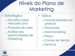 WINTEPE
Níveis do Plano de
Marketing
•  Tático
o Funcionalidades do
produto
o Promoção
o Merchandising
o Preço
o Canais de Venda
o Serviços
•  Estratégico
o Decisões sobre
mercado alvo
o Proposta de valor
o Análise das
oportunidades de
marketing.
 