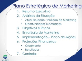 WINTEPE
Plano Estratégico de Marketing
1.  Resumo Executivo
2.  Análises da Situação
•  Atual Situação / Posição de Marketing
•  Oportunidades e Ameaças
3.  Objetivos e Riscos
4.  Estratégia de Marketing
5.  Implementação – Plano de Ações
6.  Projeções Financeiras
•  Orçamento
•  Resultados
7.  Controles
 