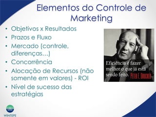WINTEPE
Elementos do Controle de
Marketing
•  Objetivos x Resultados
•  Prazos e Fluxo
•  Mercado (controle,
diferenças…)
•  Concorrência
•  Alocação de Recursos (não
somente em valores) - ROI
•  Nível de sucesso das
estratégias
 