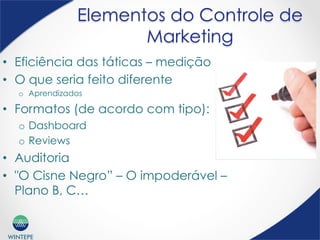 WINTEPE
Elementos do Controle de
Marketing
•  Eficiência das táticas – medição
•  O que seria feito diferente
o  Aprendizados
•  Formatos (de acordo com tipo):
o  Dashboard
o  Reviews
•  Auditoria
•  "O Cisne Negro” – O impoderável –
Plano B, C…
 
