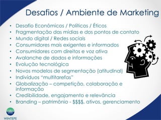 WINTEPE
Desafios / Ambiente de Marketing
•  Desafio Econômicos / Políticos / Éticos
•  Fragmentação das mídias e dos pontos de contato
•  Mundo digital / Redes sociais
•  Consumidores mais exigentes e informados
•  Consumidores com direitos e voz ativa
•  Avalanche de dados e informações
•  Evolução tecnológica
•  Novos modelos de segmentação (atitudinal)
•  Indivíduos “multitarefas”
•  Globalização – competição, colaboração e
informação
•  Credibilidade, engajamento e relevância
•  Branding – patrimônio - $$$$, ativos, gerenciamento
 