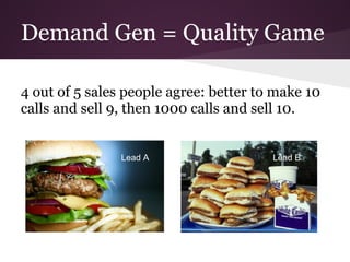 Demand Gen = Quality Game

4 out of 5 sales people agree: better to make 10
calls and sell 9, then 1000 calls and sell 10.


                Lead A                  Lead B
 