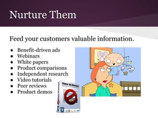 Nurture Them

Feed your customers valuable information.
●   Benefit-driven ads
●   Webinars
●   White papers
●   Product comparisons
●   Independent research
●   Video tutorials
●   Peer reviews
●   Product demos
 