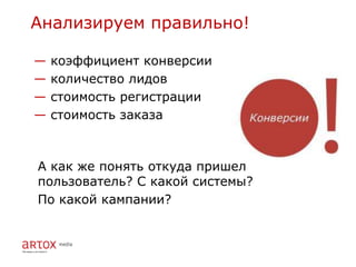 Анализируем правильно!

—   коэффициент конверсии
—   количество лидов
—   стоимость регистрации
—   стоимость заказа



А как же понять откуда пришел
пользователь? С какой системы?
По какой кампании?
 