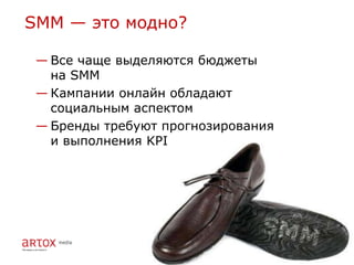 SMM — это модно?

 — Все чаще выделяются бюджеты
   на SMM
 — Кампании онлайн обладают
   социальным аспектом
 — Бренды требуют прогнозирования
   и выполнения KPI
 