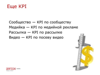 Еще KPI


Сообщество — KPI по сообществу
Медийка — KPI по медийной рекламе
Рассылка — KPI по рассылке
Видео — KPI по посеву видео
 