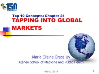 TAPPING INTO GLOBAL MARKETS Maria Ellaine Grace Uy Ateneo School of Medicine and Public Health May 12, 2010 Top 10 Concepts: Chapter 21 