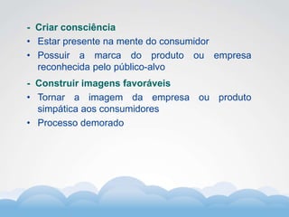 Formador
Carlos Amorim
Formador
Carlos Amorim
- Criar consciência
• Estar presente na mente do consumidor
• Possuir a marca do produto ou empresa
reconhecida pelo público-alvo
- Construir imagens favoráveis
• Tornar a imagem da empresa ou produto
simpática aos consumidores
• Processo demorado
 
